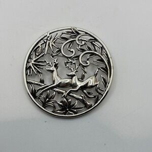 Vintage‎ Silver Tone Deer Brooch Pin Round Nature Scene